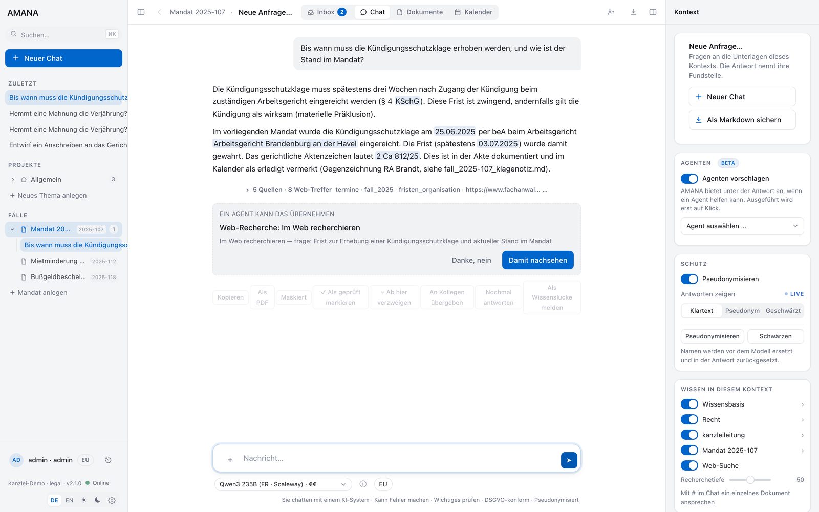 Chat-Ansicht der Kanzlei-Demo: Frage zur doppelten Fristenkontrolle, Antwort mit Fundstellen aus den Kanzlei-Standards